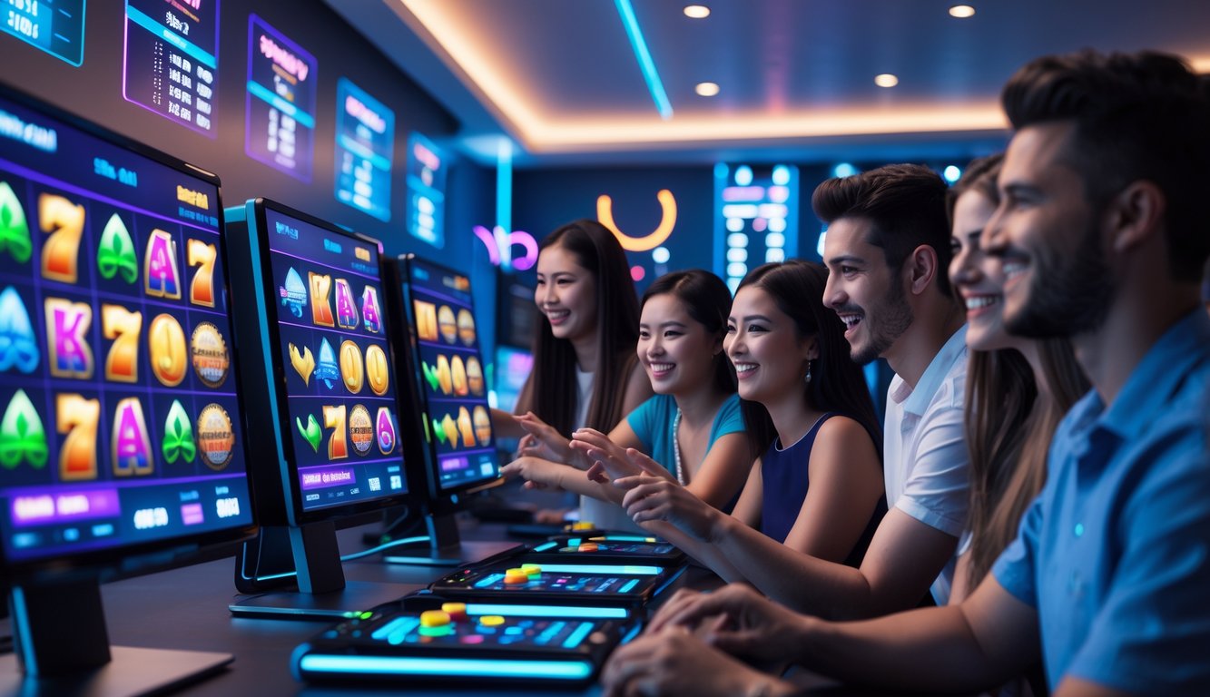 Beberapa orang muda sedang bermain permainan slot online di komputer dengan layar penuh warna di ruangan modern.