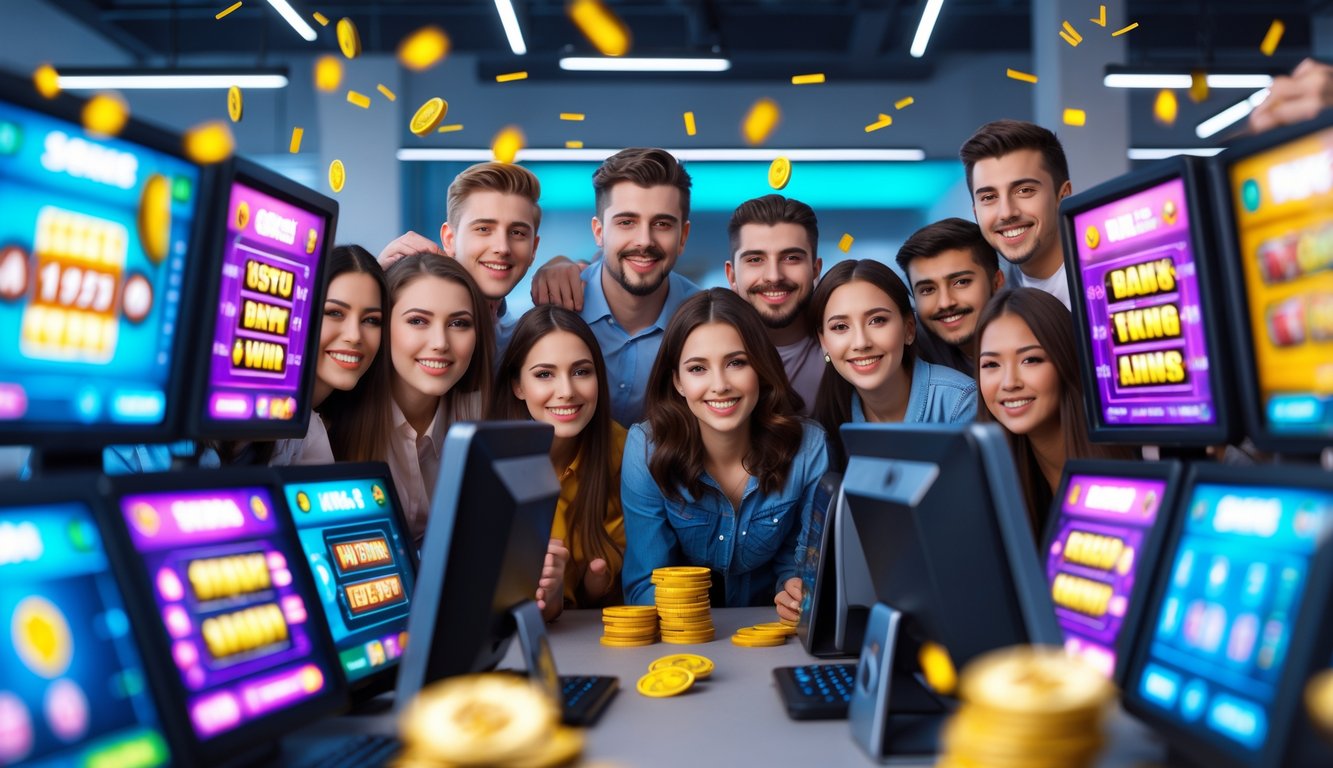 Sekelompok orang muda yang antusias bermain game slot di komputer dengan tampilan jackpot dan simbol kemenangan yang cerah.