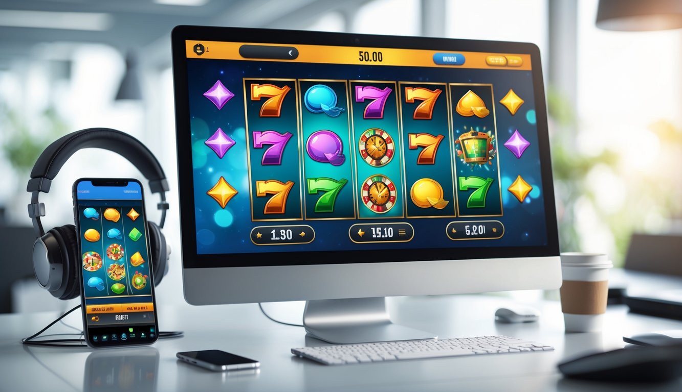 Tampilan layar komputer menampilkan permainan slot online dengan simbol scatter dan bonus di sebuah ruang kantor modern.