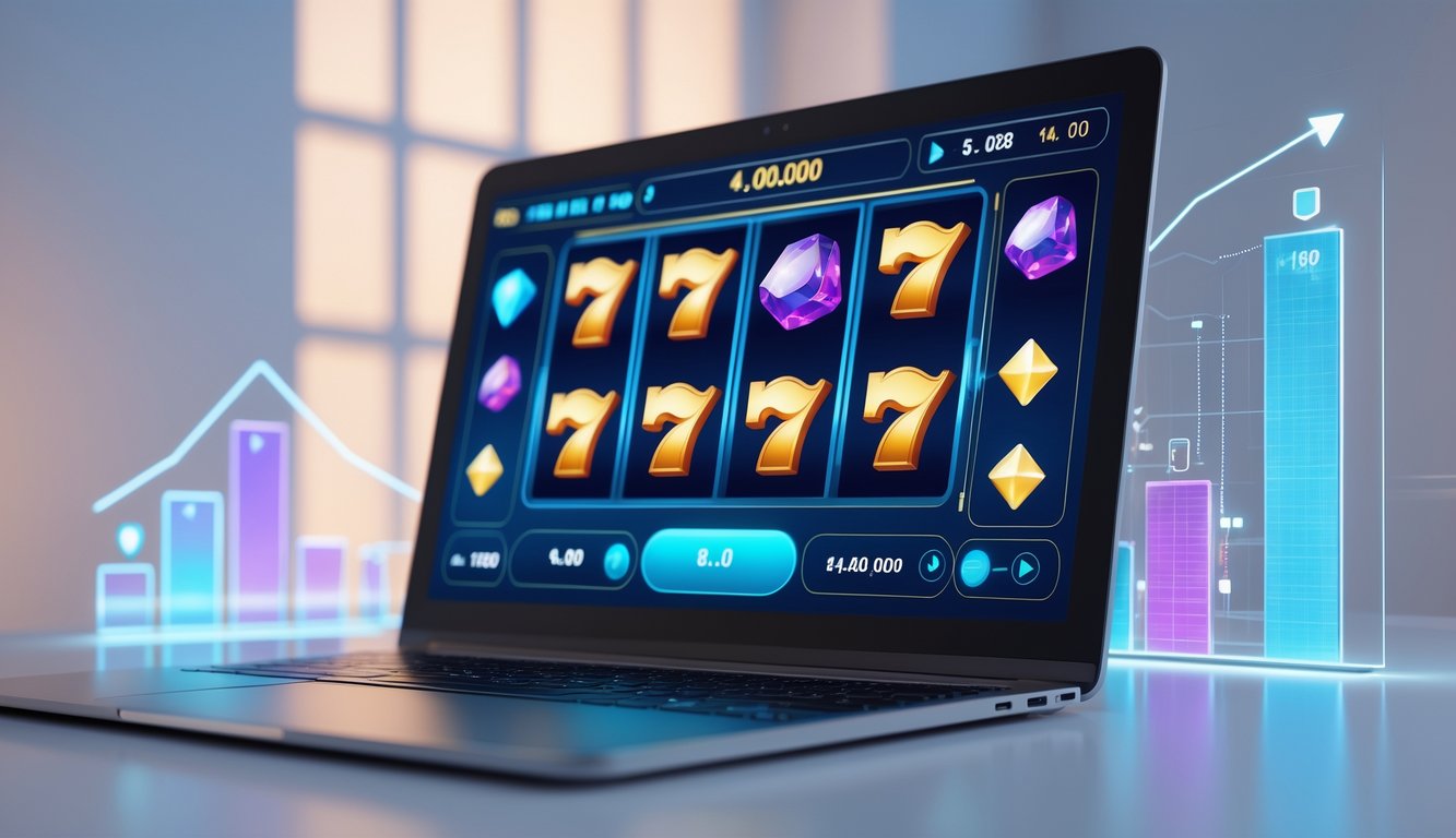 Layar komputer menampilkan permainan slot online dengan grafik warna-warni dan simbol mesin slot, dikelilingi oleh elemen yang menunjukkan keamanan dan kepercayaan.