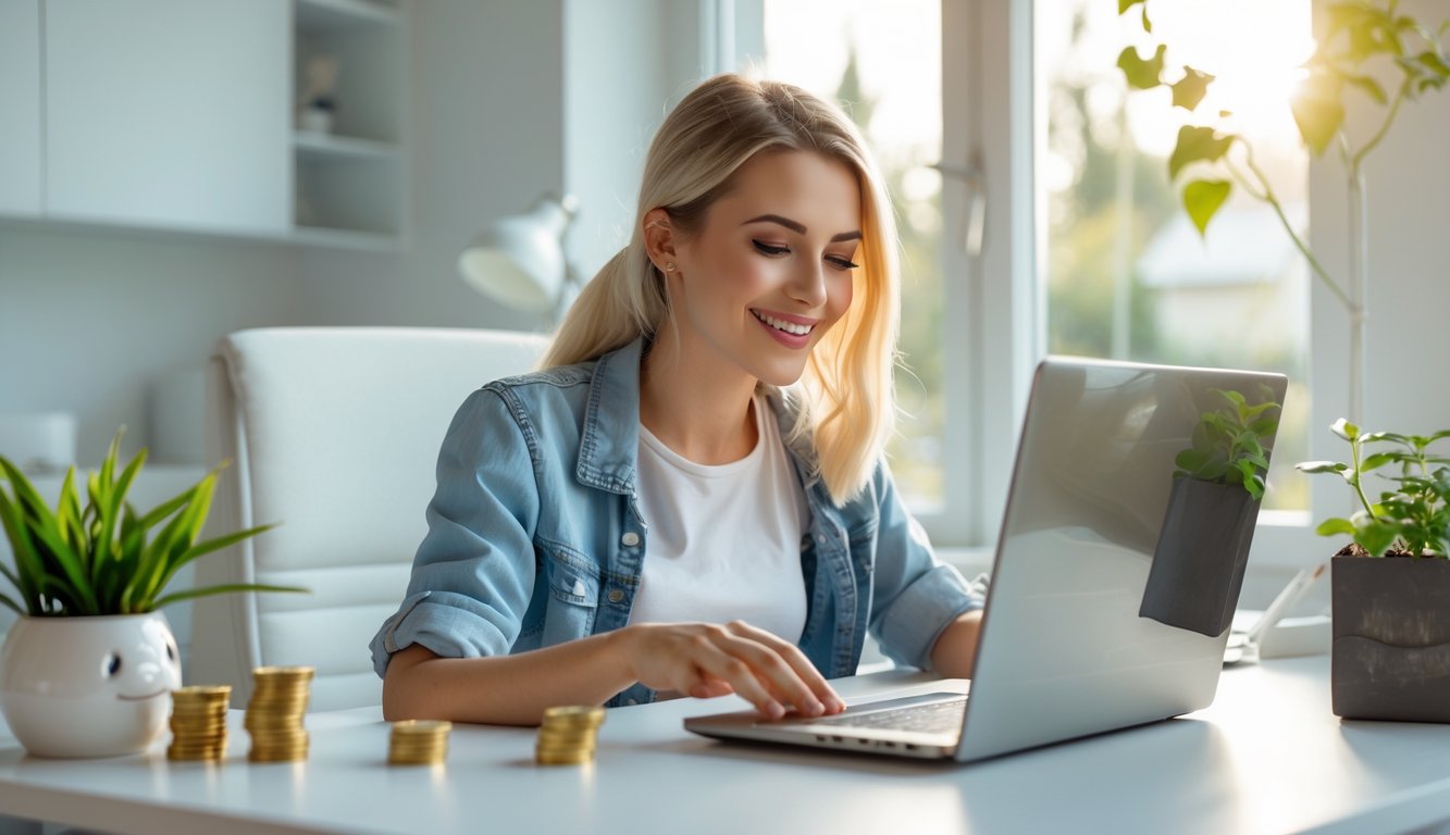 Seorang pemula bermain permainan slot online di laptop di ruang kerja rumah yang terang dan rapi dengan tumpukan koin kecil dan tanaman di meja.