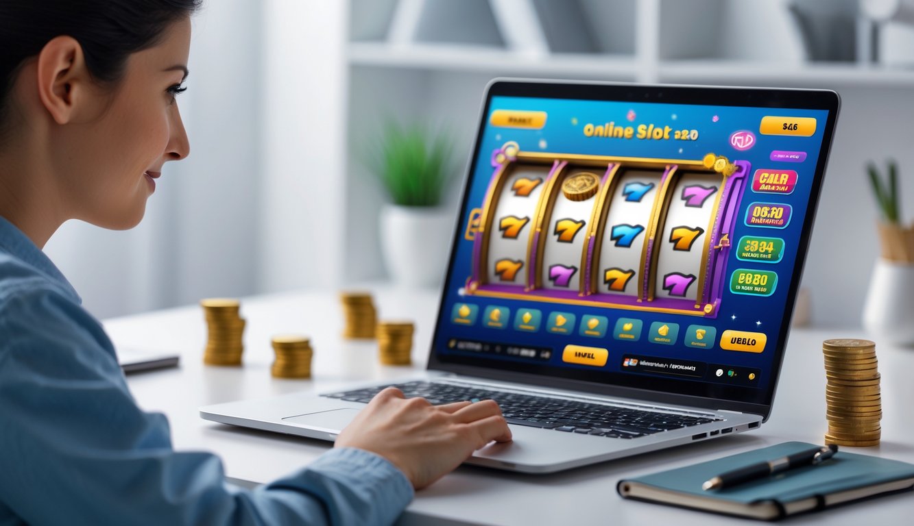 Seorang dewasa muda duduk di meja kerja dengan laptop yang menampilkan permainan slot online, dikelilingi oleh tumpukan koin kecil dan buku catatan.