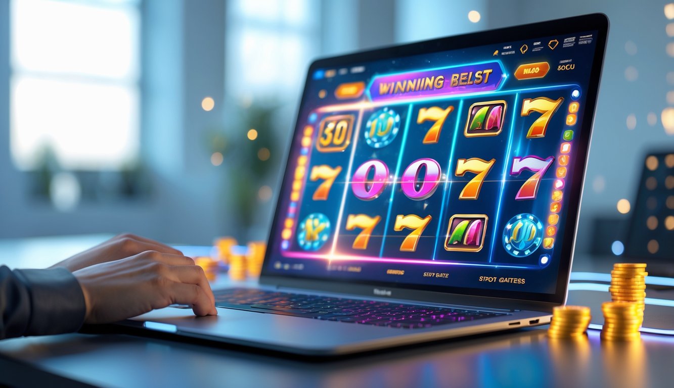 Sebuah komputer menampilkan permainan slot online dengan grafik warna-warni dan latar belakang ruang kerja modern.