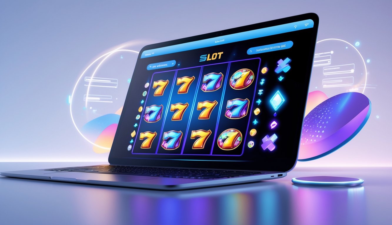 Tampilan layar perangkat dengan grafik permainan slot online yang berwarna-warni dan pola kemenangan, di latar belakang warna biru dan ungu yang lembut.