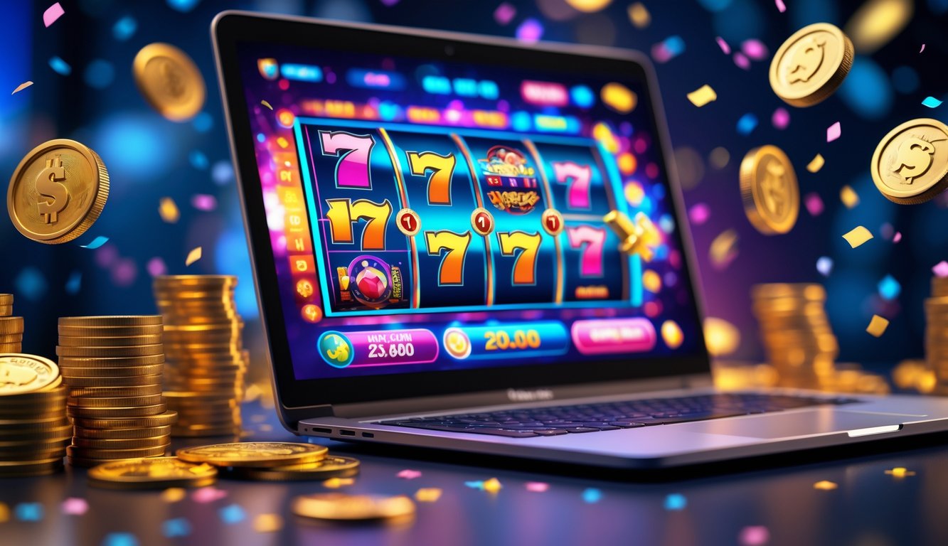 Seorang pemain menggunakan laptop dengan tampilan permainan slot online yang penuh warna dan simbol berputar, suasana terlihat meriah dengan koin dan dekorasi kemenangan di sekitar layar.