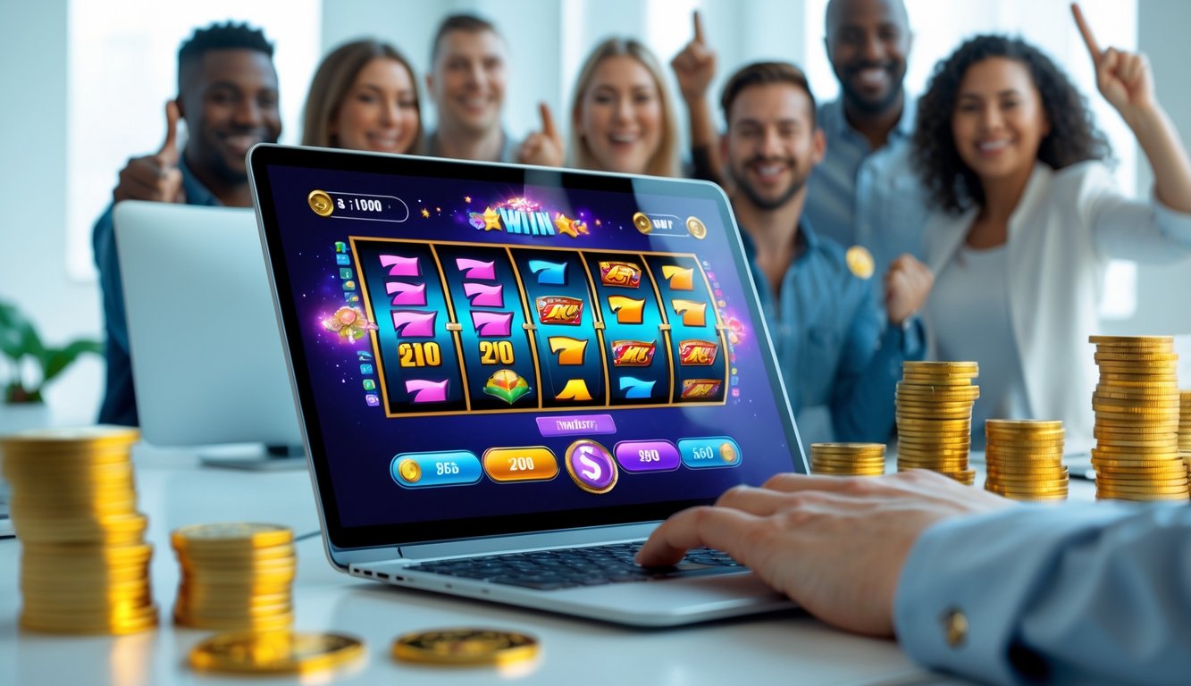 Orang-orang merayakan kemenangan di depan layar komputer yang menampilkan permainan slot online dengan simbol kemenangan.