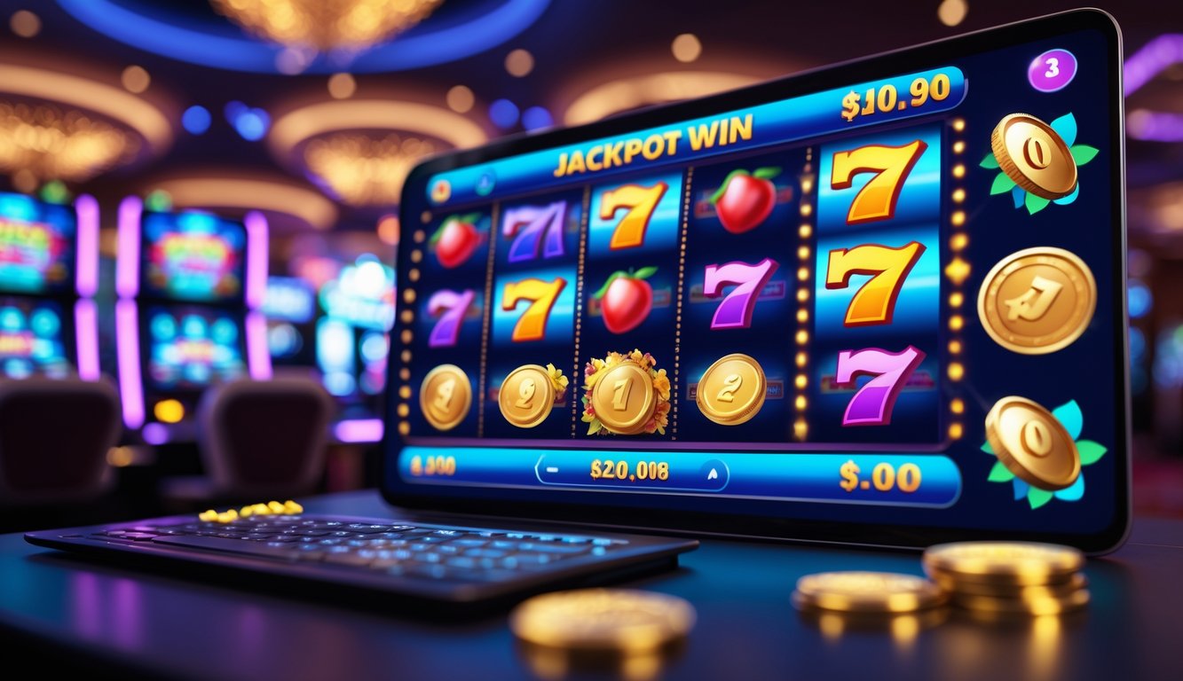 Tampilan layar permainan slot digital dengan simbol kemenangan dan latar belakang suasana kasino yang hidup.