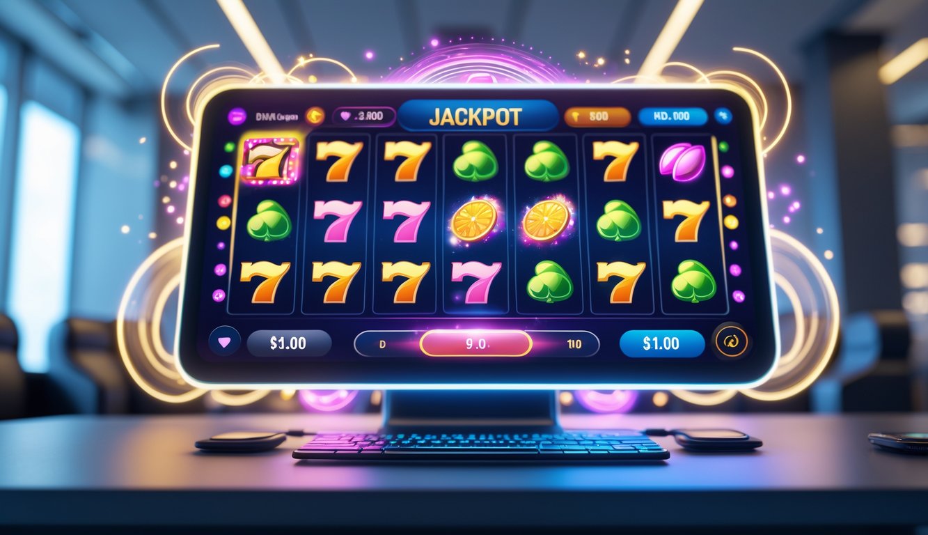 Seorang pemain menggunakan perangkat digital dengan layar menampilkan permainan slot berwarna-warni di lingkungan modern yang profesional.