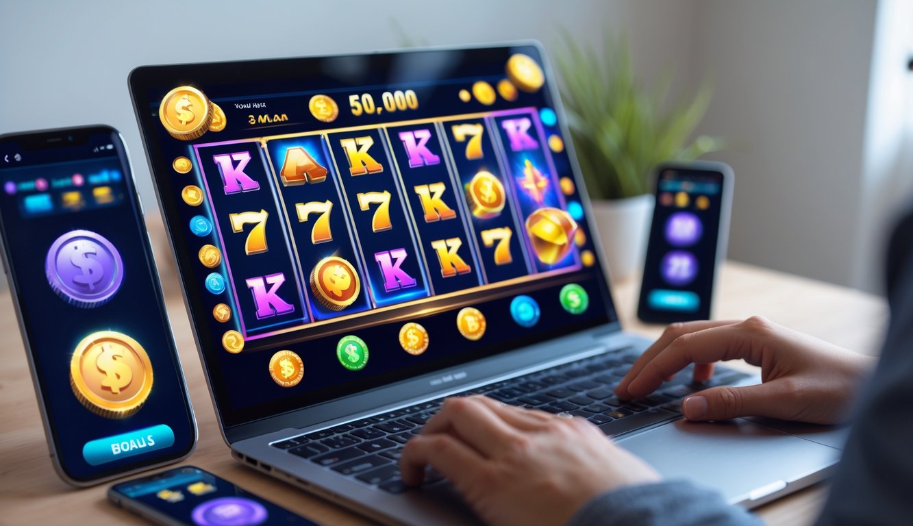Seseorang menggunakan laptop yang menampilkan permainan slot online dengan simbol bonus dan putaran gratis di layar.