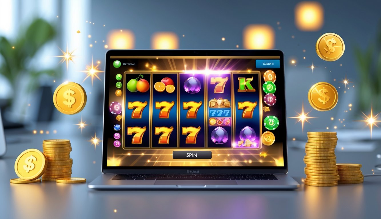 Layar laptop menampilkan permainan slot online dengan gulungan berwarna cerah dan simbol buah, koin emas, serta elemen yang melambangkan bonus dan putaran gratis.
