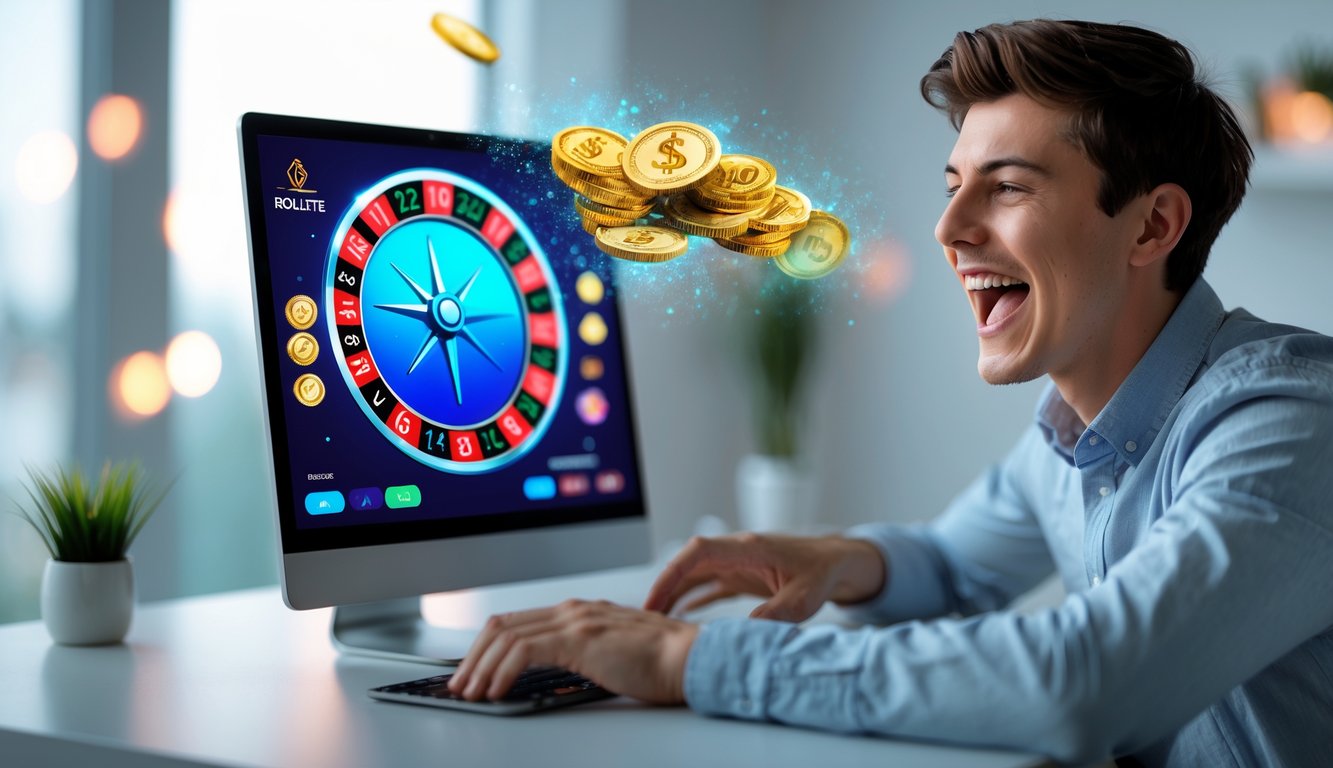 Seorang pemain muda duduk di depan laptop dengan layar menampilkan roda roulette online yang berputar, terlihat antusias dalam suasana ruangan yang nyaman.