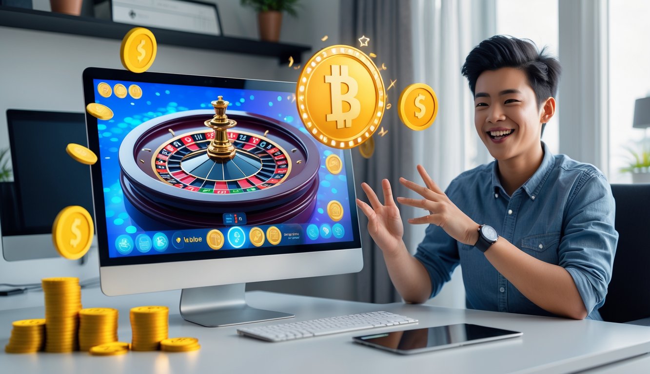 Seorang pemain muda duduk di depan komputer dengan layar menampilkan roda roulette online, terlihat fokus dan senang bermain di platform permainan kasino.