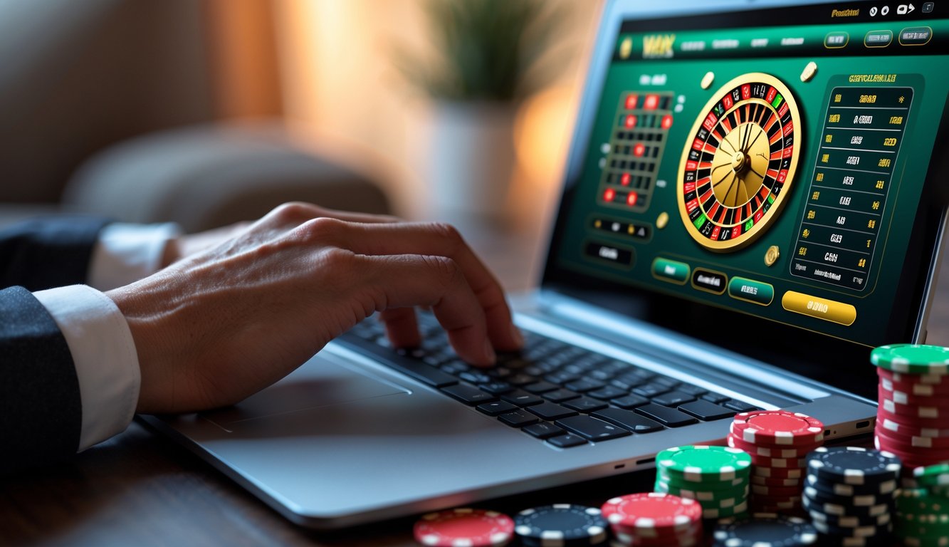 Seorang pengguna berinteraksi dengan laptop yang menampilkan permainan roulette online dengan tumpukan chip kasino di sekitarnya.