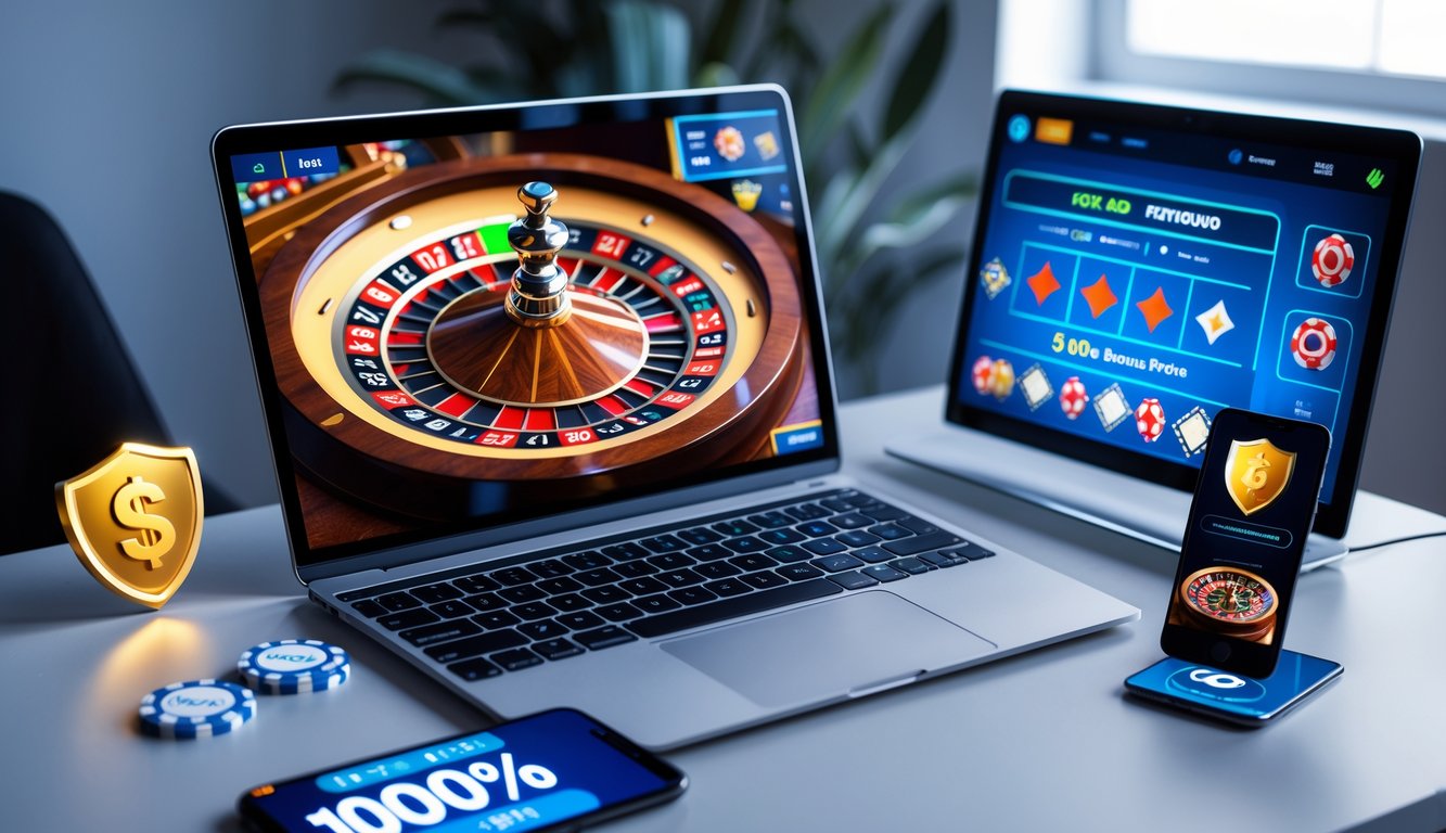 Seorang pengguna sedang bermain roulette online di laptop dan ponsel di meja kerja yang rapi dengan simbol keamanan dan bonus di sekitar perangkat.