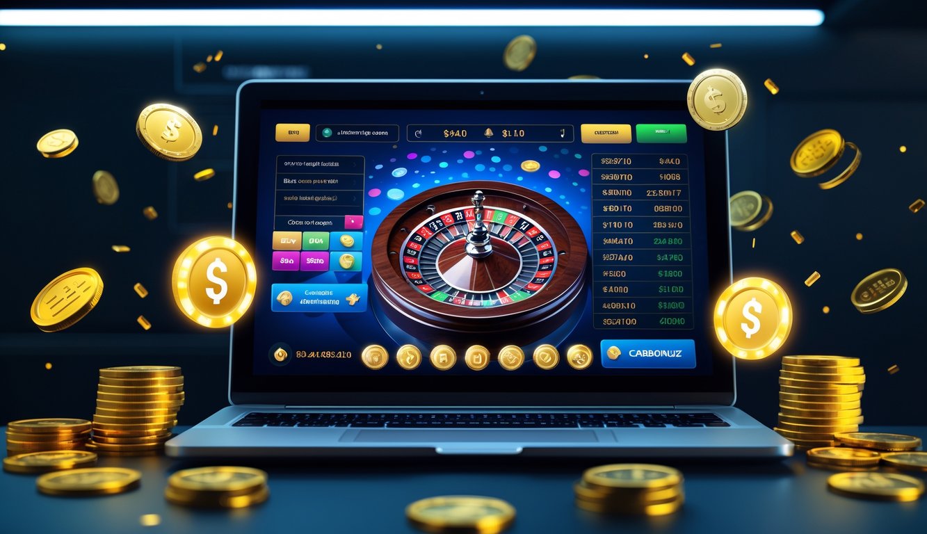 Seorang pengguna melihat layar komputer yang menampilkan permainan roulette online dengan simbol koin emas dan ikon bonus mengambang di sekitar layar.