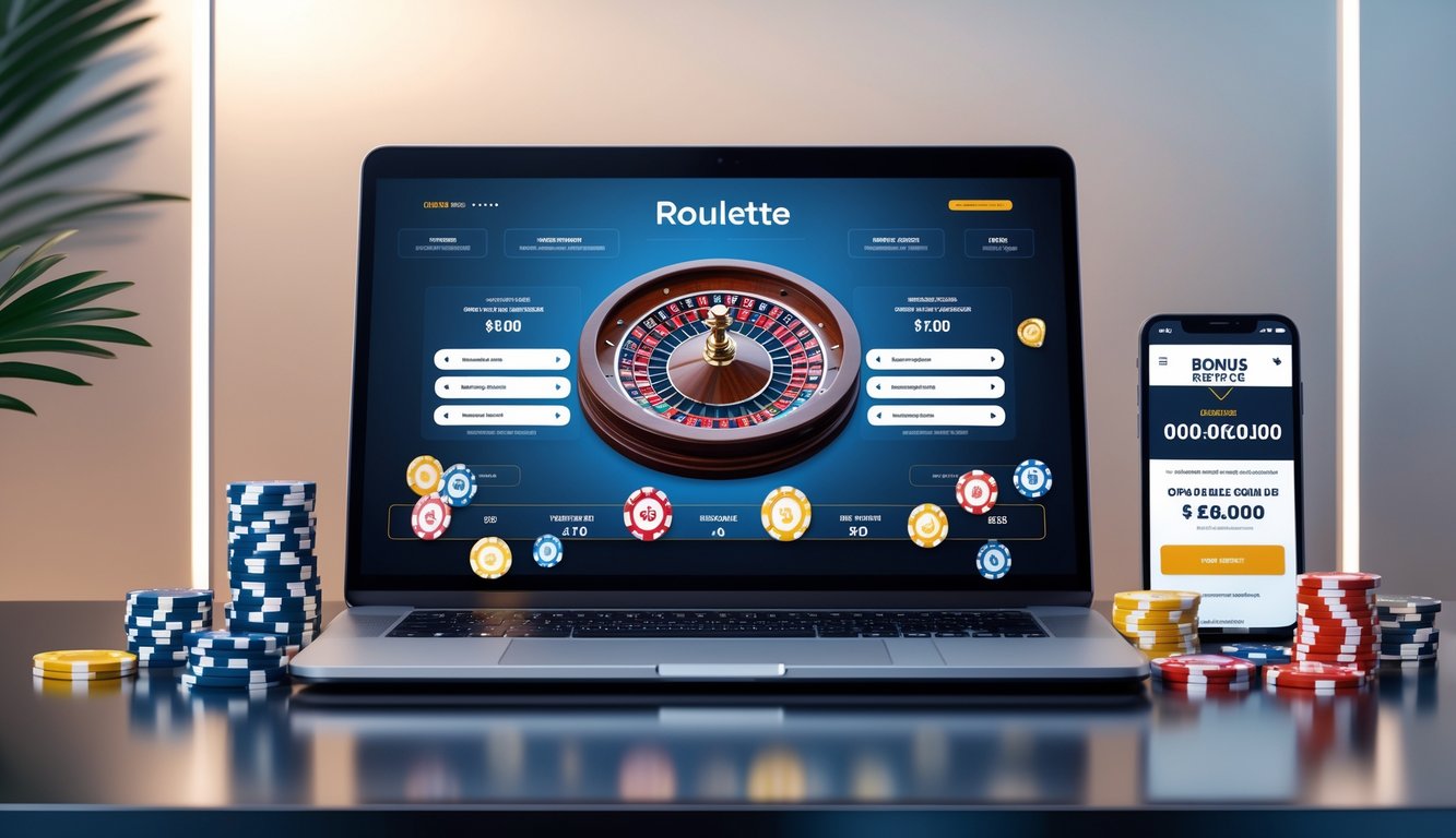 Laptop dan smartphone di meja dengan roda roulette dan chip kasino, menggambarkan pilihan platform roulette online dengan bonus deposit.