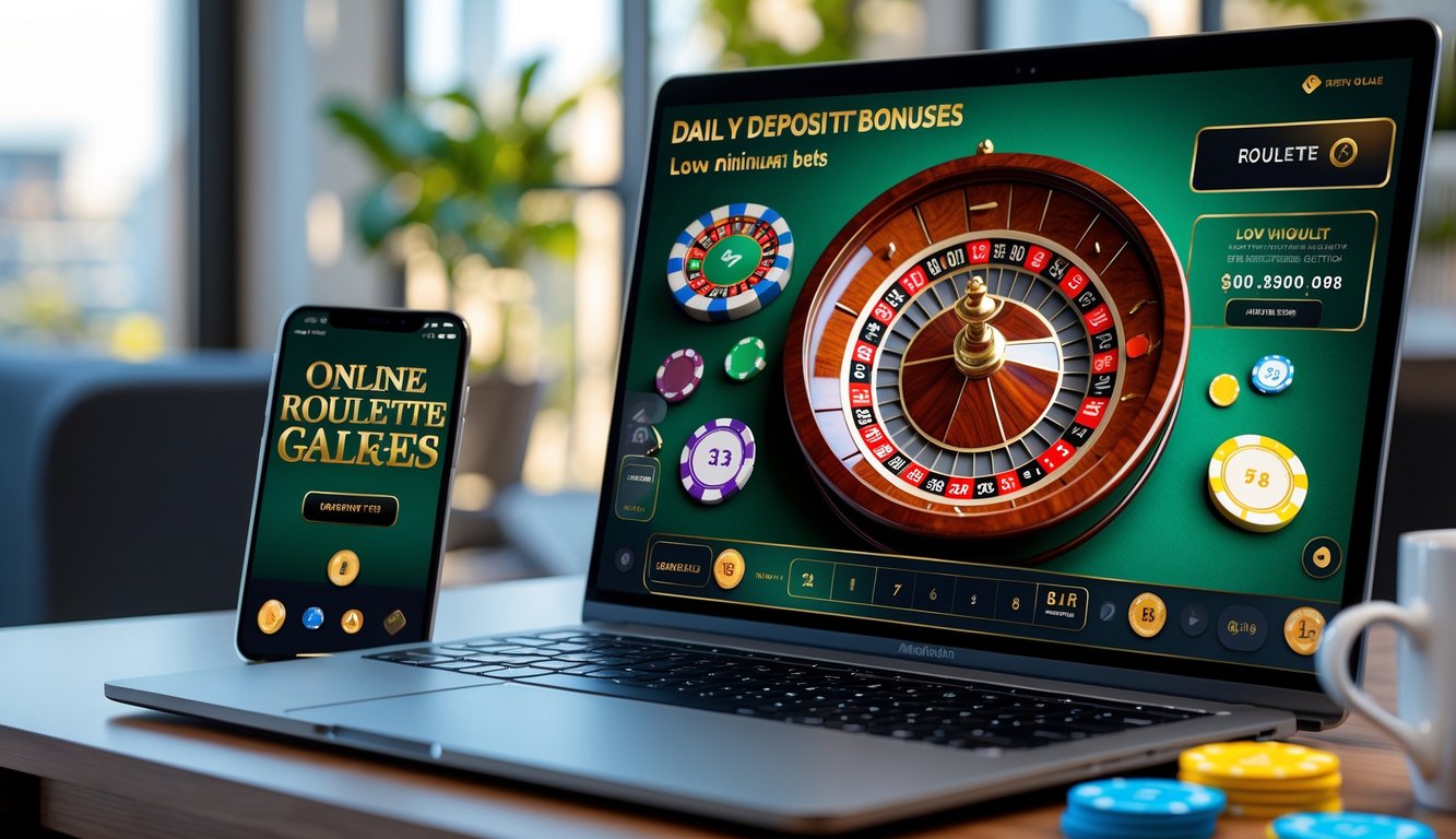 Sebuah meja dengan komputer yang menampilkan roda roulette online dengan chip warna-warni, di sekitar meja terdapat smartphone dan cangkir kopi.