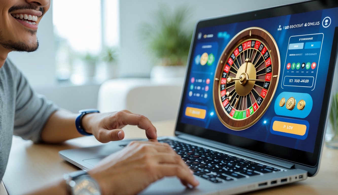 Seorang pemain muda yang bahagia menggunakan komputer dengan layar menampilkan permainan roulette online di lingkungan rumah yang terang dan rapi.