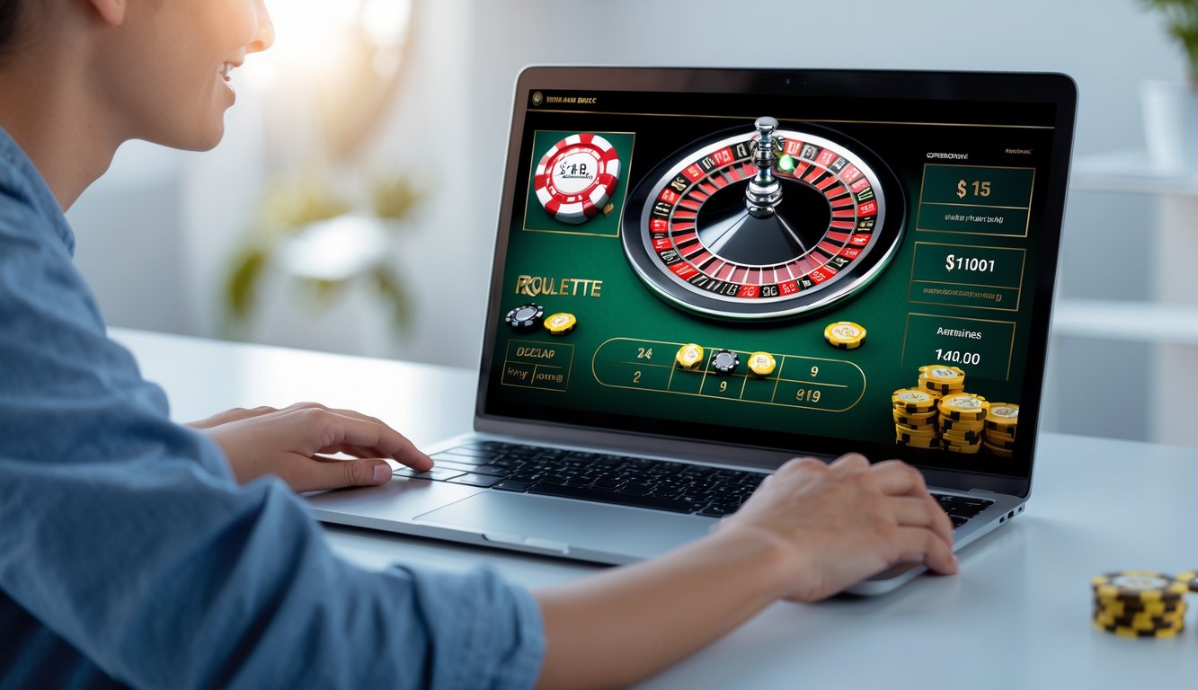 Seorang pemain muda sedang menggunakan laptop dengan tampilan permainan roulette online di meja yang rapi dan terang.