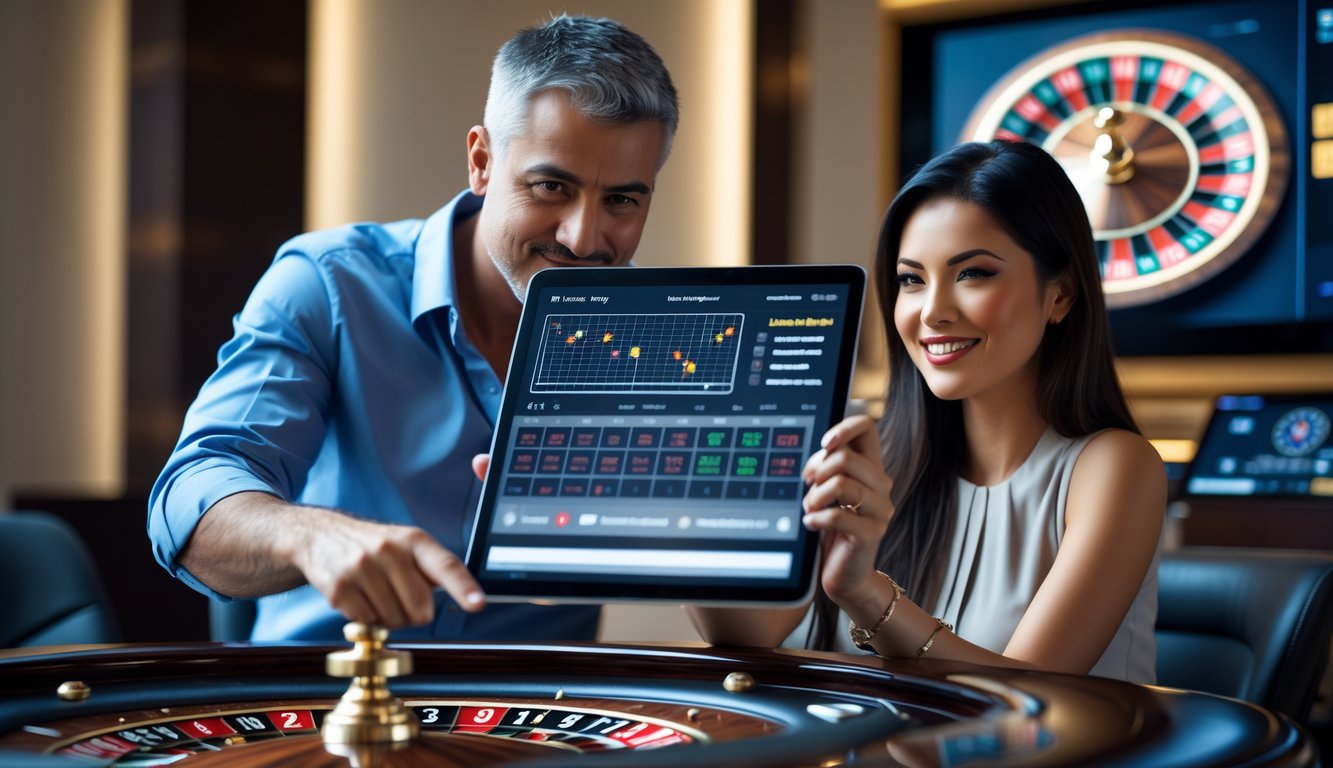 Seorang pria dan wanita duduk di meja roulette dengan tablet dan chip poker, terlihat fokus dan strategis dalam suasana kasino online.