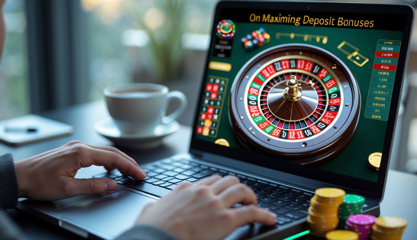 Seseorang menggunakan komputer dengan layar menampilkan roda roulette online dan tumpukan chip warna-warni di meja.