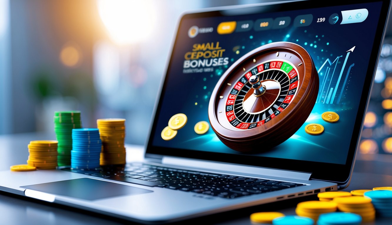 Seseorang bermain roulette online dengan layar komputer yang menampilkan roda roulette dan tumpukan chip taruhan kecil.