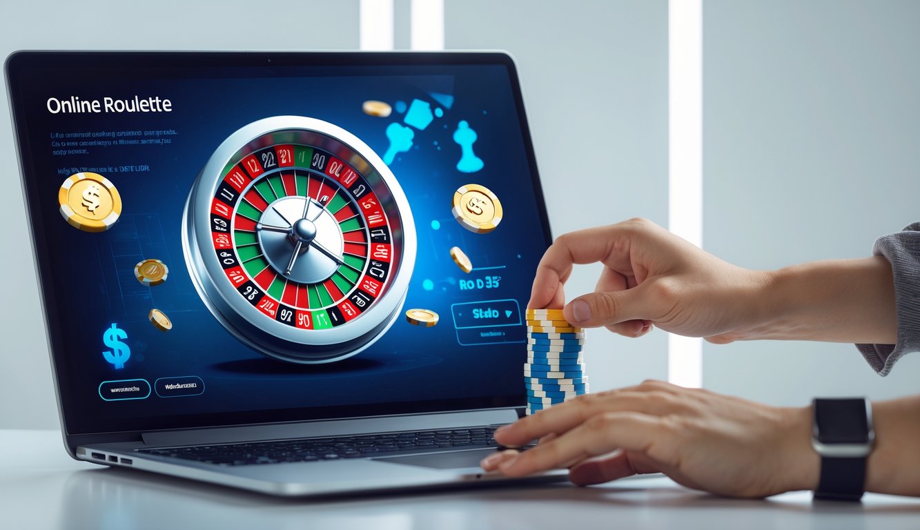 Seseorang sedang bermain roulette online di komputer dengan tumpukan chip kecil di sampingnya, menunjukkan peluang menang besar dengan deposit kecil.