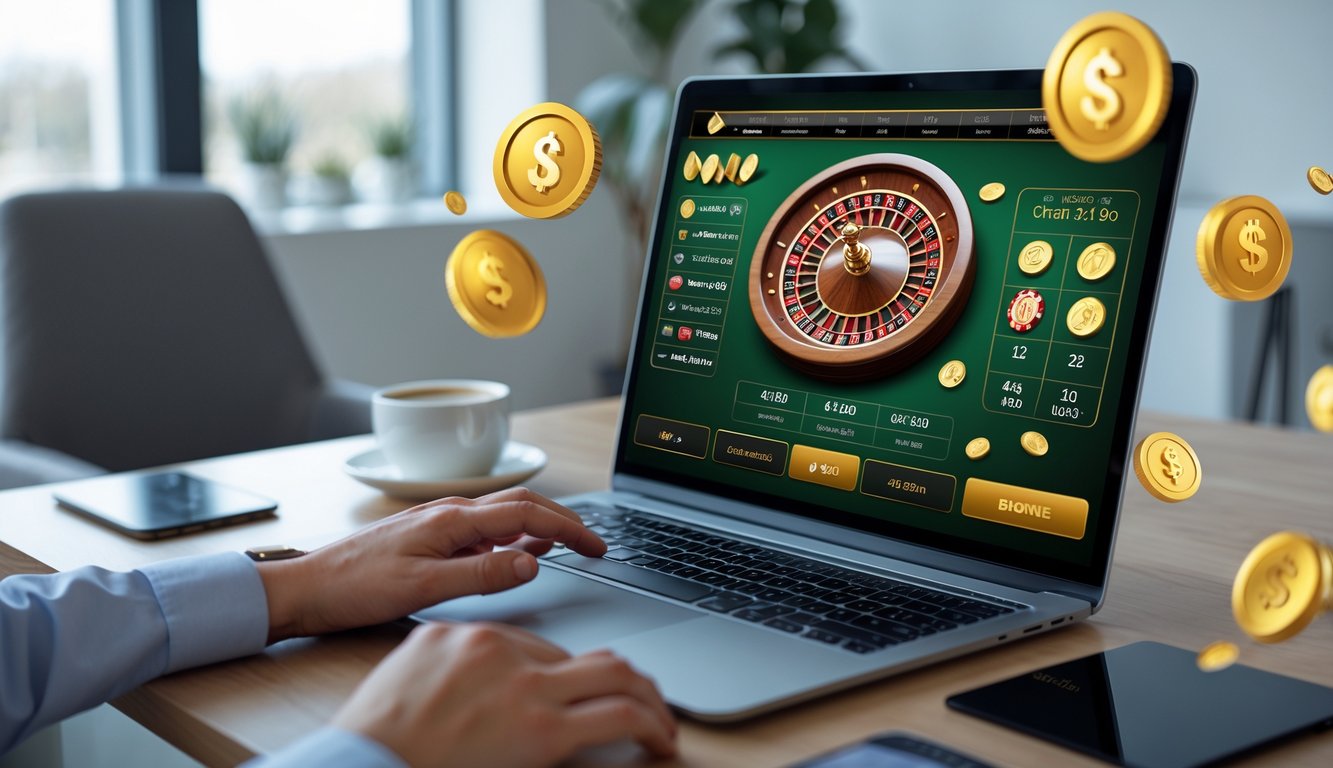 Seseorang menggunakan komputer dengan tampilan roda roulette online dan simbol koin serta cashback di sekitarnya.