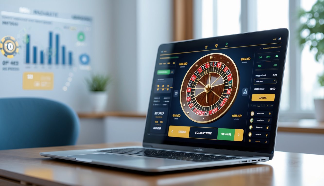 Seorang pengguna sedang melihat layar laptop yang menampilkan platform roulette online dengan suasana ruang kerja yang terang dan rapi.