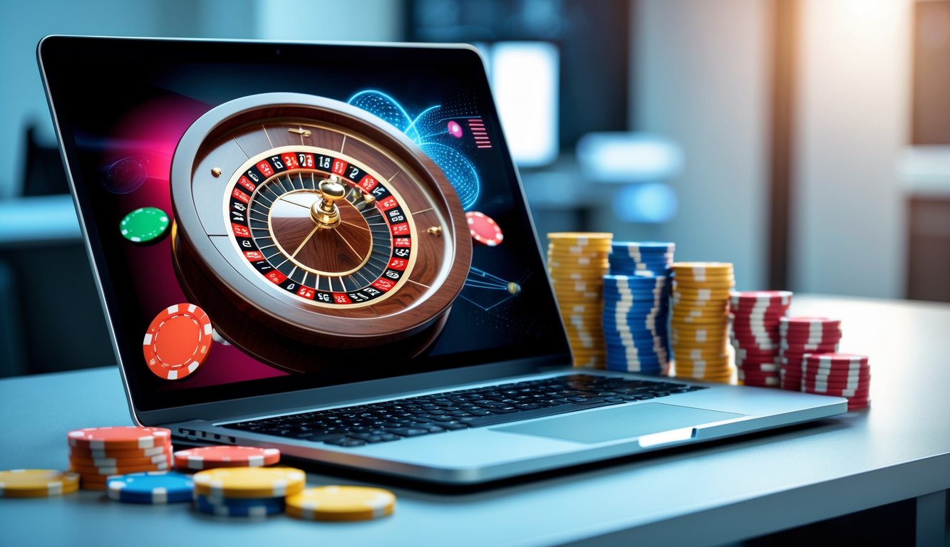 Seorang pengguna sedang bermain roulette online di laptop dengan tumpukan chip di meja yang rapi.