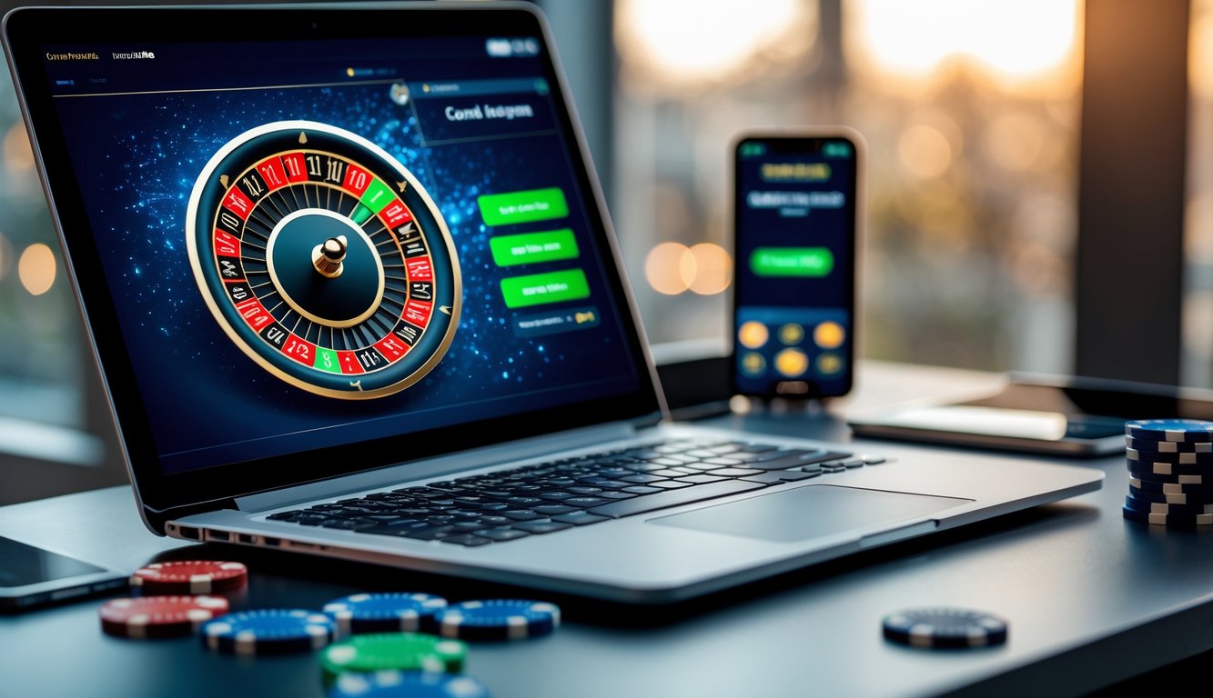 Sebuah meja modern dengan komputer yang menampilkan roda roulette digital, dikelilingi oleh smartphone, kartu kredit, dan chip poker.