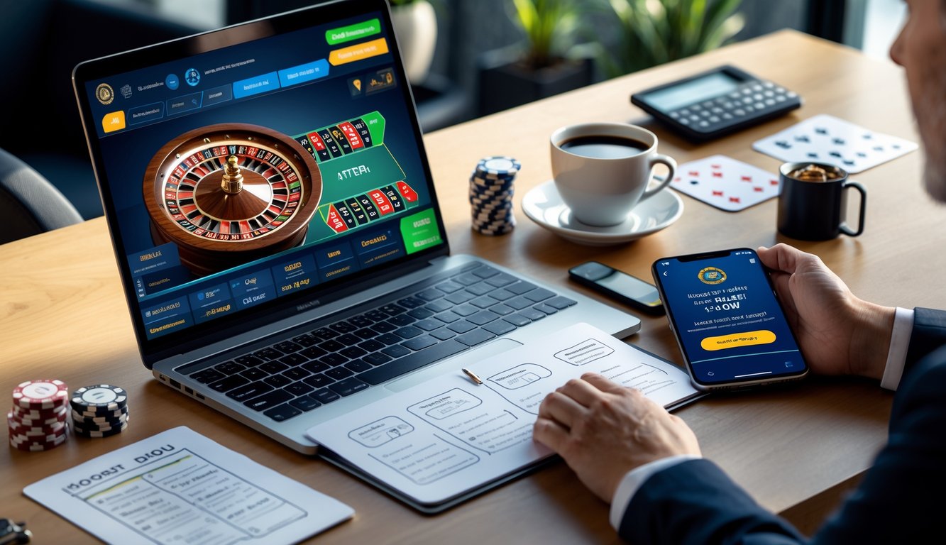 Seorang pemain sedang menggunakan laptop untuk bermain roulette online dengan catatan strategi dan ponsel yang menampilkan notifikasi bonus deposit di meja kerja.