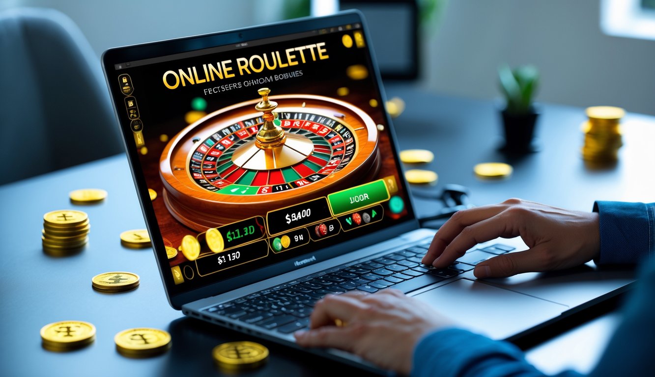 Seseorang bermain roulette online di depan komputer dengan tampilan roda roulette dan opsi taruhan di layar.