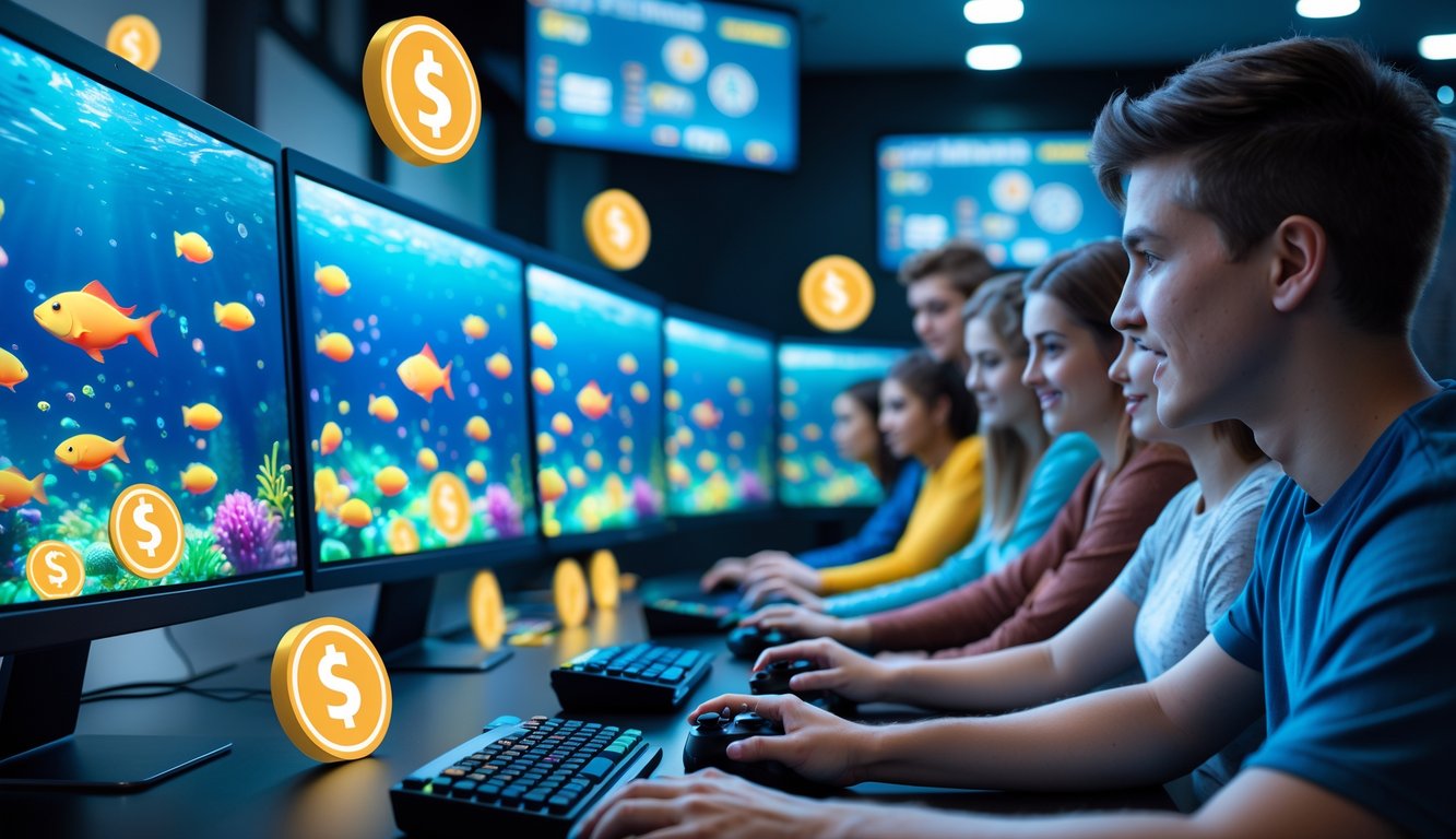 Orang-orang muda sedang bermain game judi tembak ikan di komputer dengan layar menampilkan grafik ikan berwarna-warni dan ikon bonus di ruangan modern.