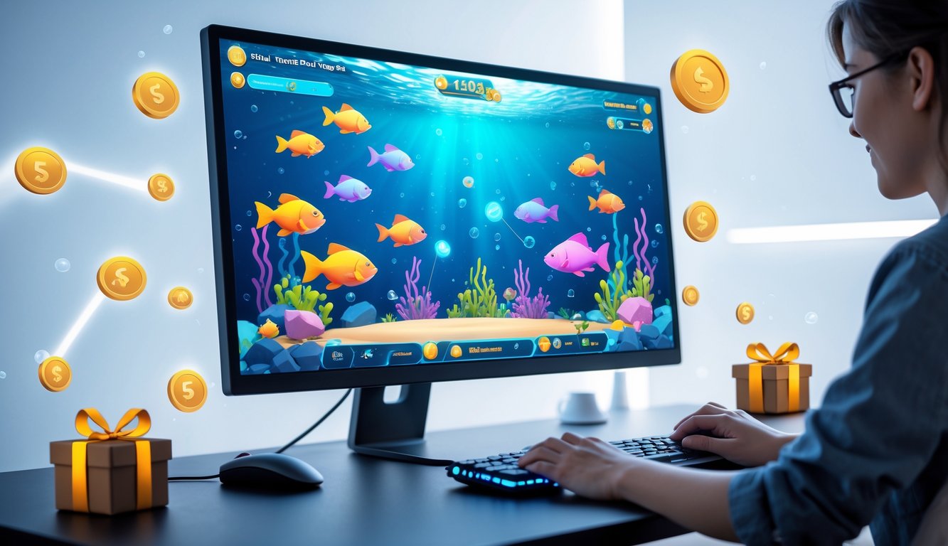 Seseorang sedang bermain permainan tembak ikan online di komputer dengan tampilan layar penuh ikan warna-warni dan elemen game di latar belakang.