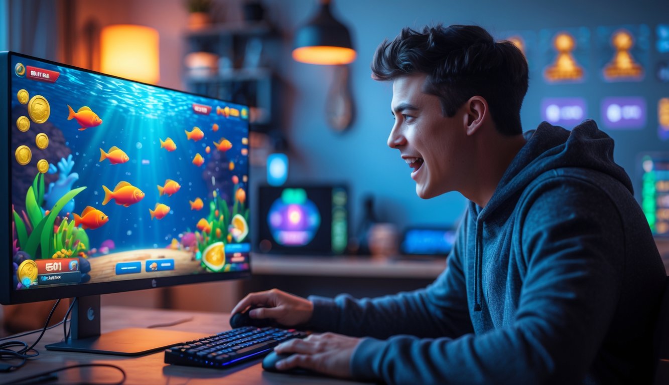 Seorang dewasa muda sedang bermain game menembak ikan di komputer dengan latar ruangan gaming yang nyaman.