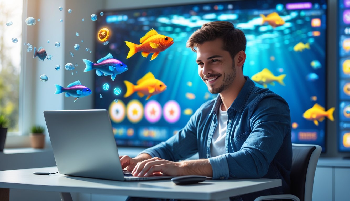 Seorang pria muda duduk di meja dengan laptop, dikelilingi oleh grafik ikan berwarna-warni dan elemen bawah laut yang melambangkan platform permainan tembak ikan online.
