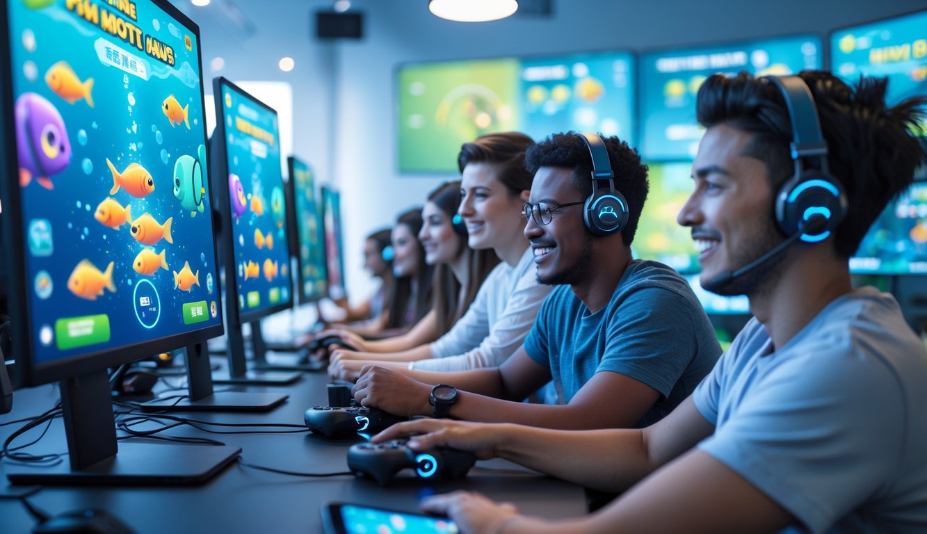 Sekelompok orang muda sedang bermain game tembak ikan di komputer dan ponsel di ruang modern yang terang dan nyaman.