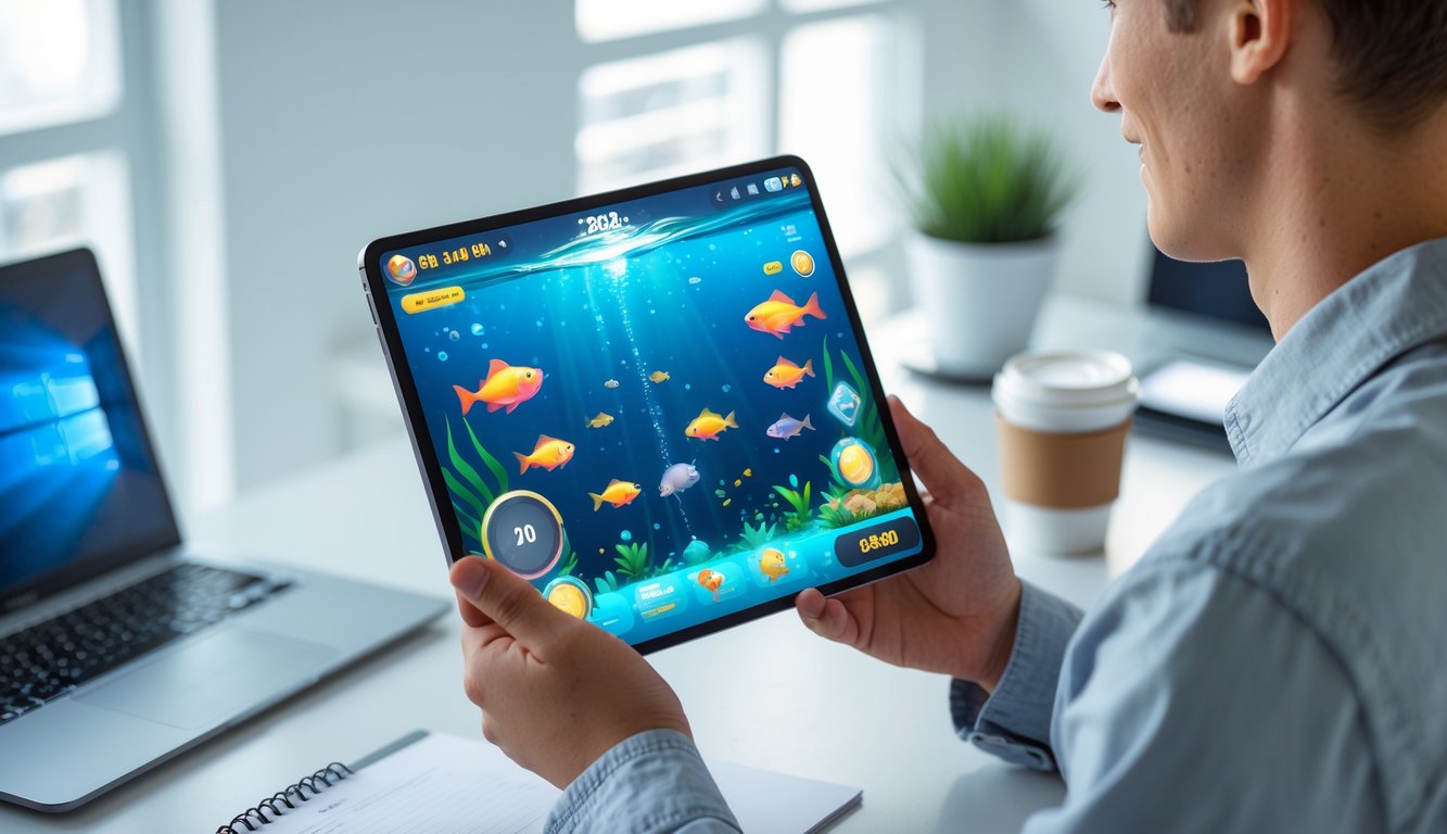 Seseorang memegang tablet yang menampilkan permainan tembak ikan dengan latar belakang ruang kerja yang rapi.