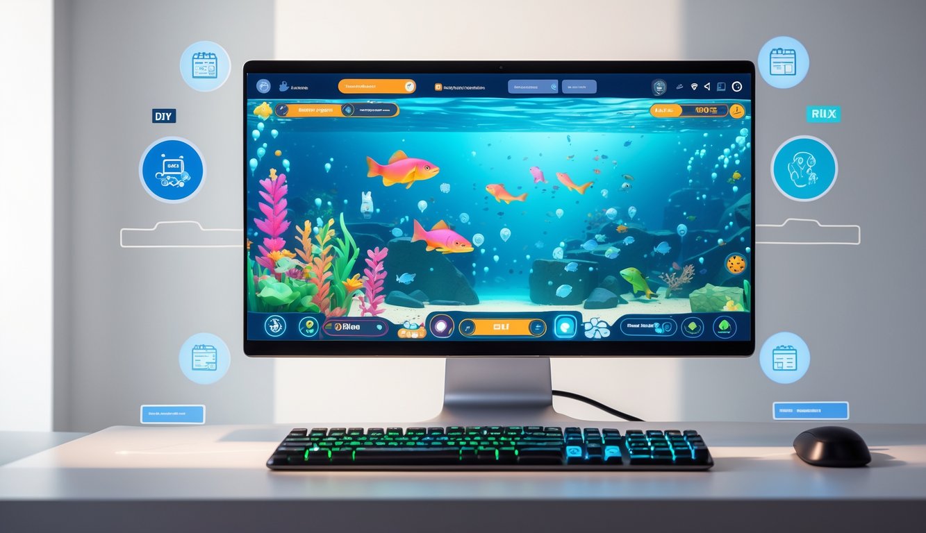 Sebuah meja dengan komputer menampilkan permainan tembak ikan dengan grafik bawah laut dan ikon yang menunjukkan transaksi keuangan di sekitar layar.