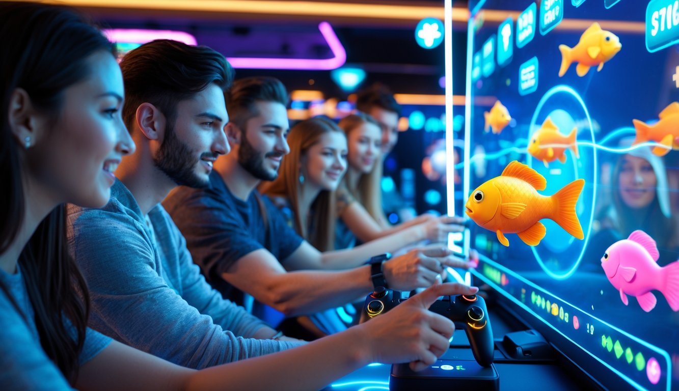 Beberapa orang muda sedang bermain game tembak ikan online dengan layar digital besar dan suasana ruang permainan modern.