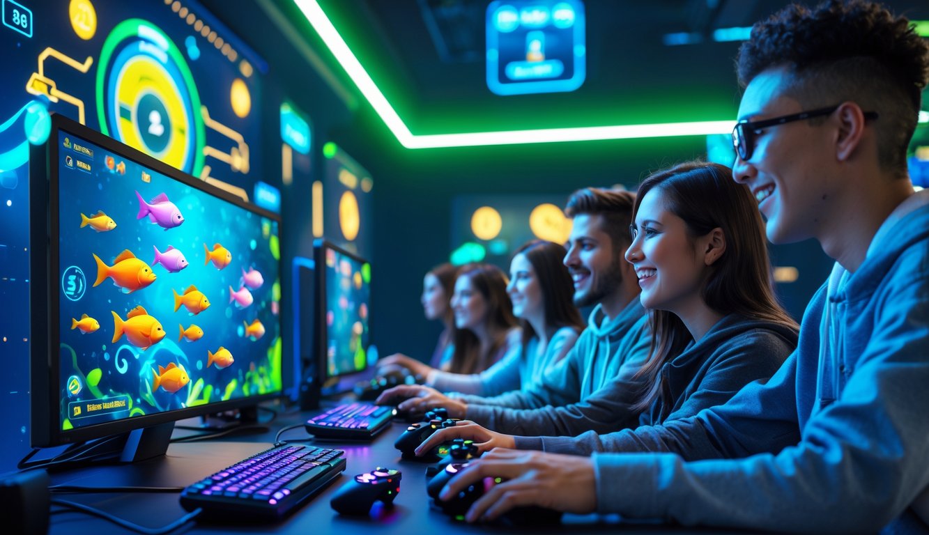 Beberapa orang muda sedang bermain game tembak ikan online dengan komputer modern dan grafik ikan berwarna-warni di layar.