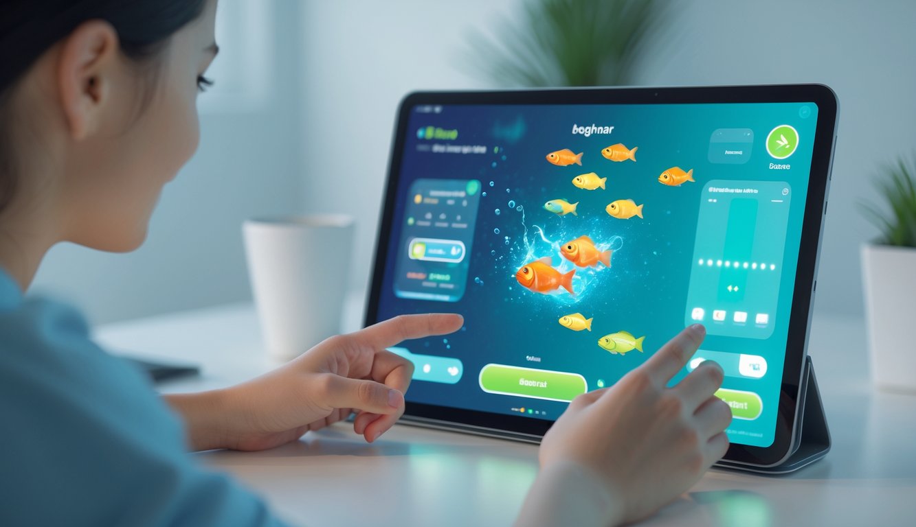 Seseorang menggunakan perangkat digital untuk bermain permainan tembak ikan dengan antarmuka yang menarik dan mudah digunakan.