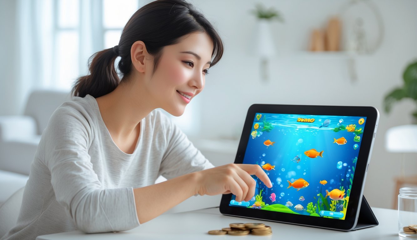 Seorang pemula muda sedang menggunakan perangkat digital untuk bermain game tembak ikan dengan latar belakang rumah yang terang dan rapi.