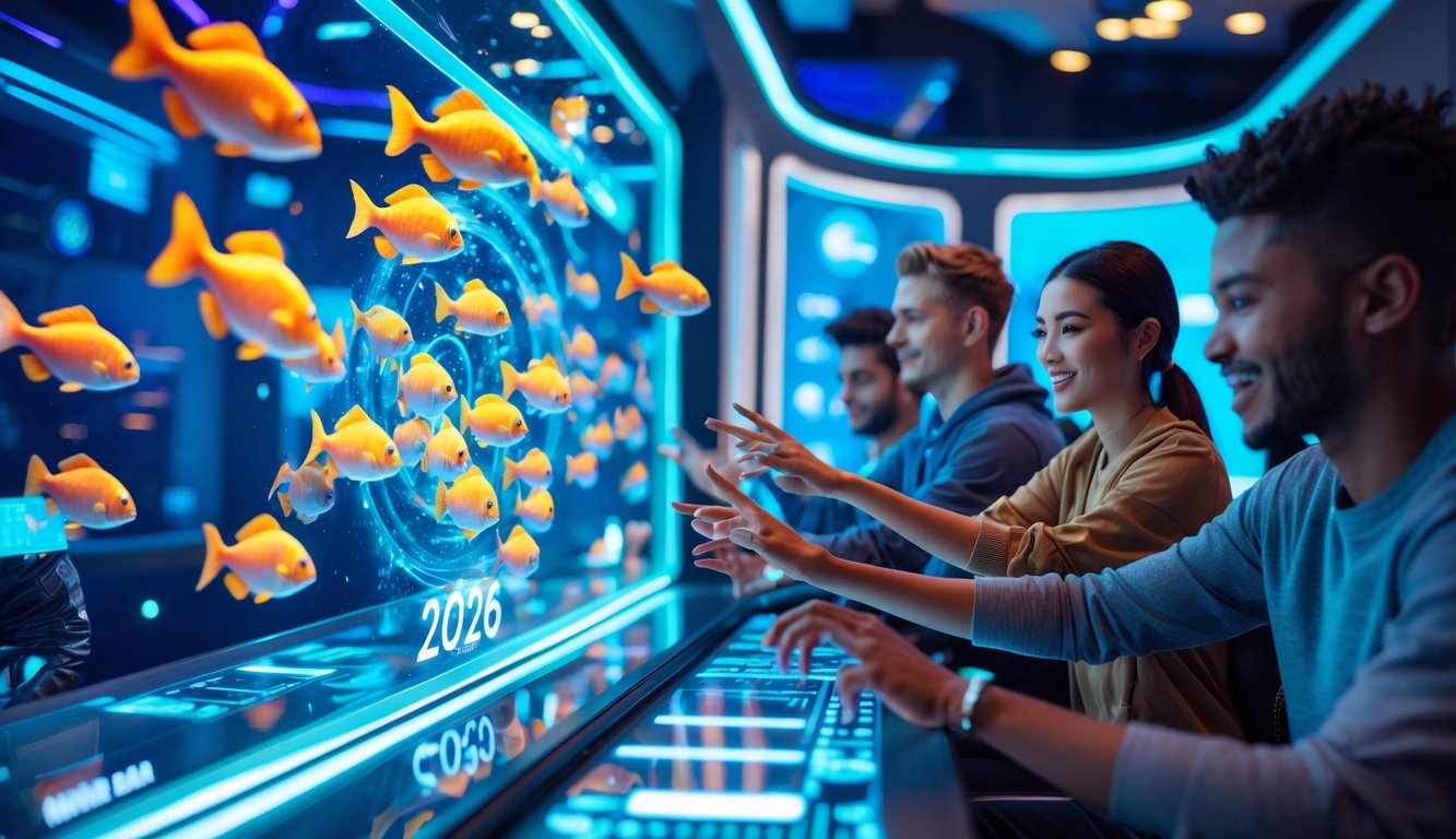 Sekelompok orang muda sedang bermain permainan tembak ikan online dengan layar digital berwarna-warni di ruangan bergaya modern dan pencahayaan biru.