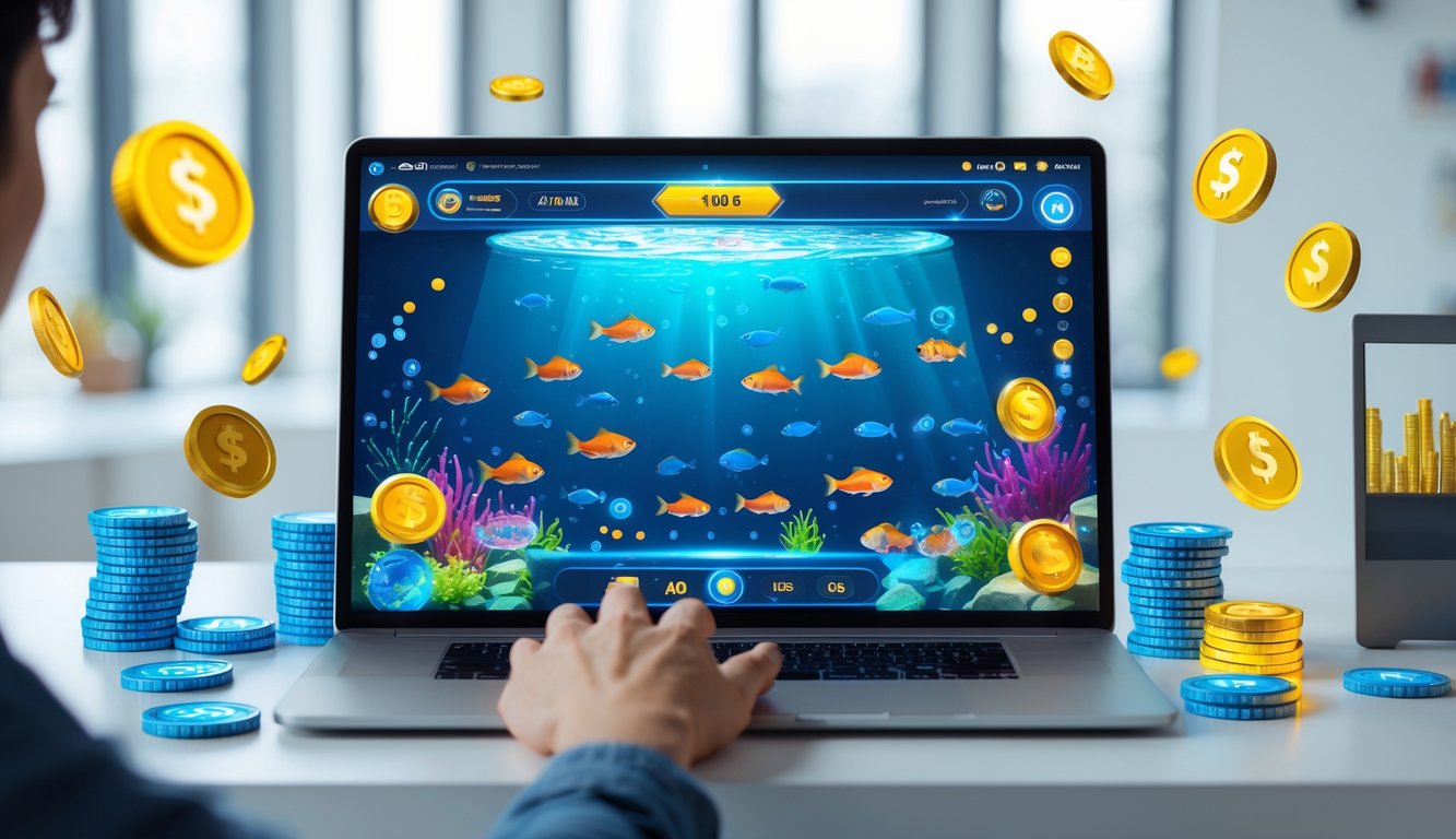 Seseorang menggunakan perangkat digital dengan tampilan permainan menembak ikan berwarna-warni dan ikon bonus di sekitarnya.