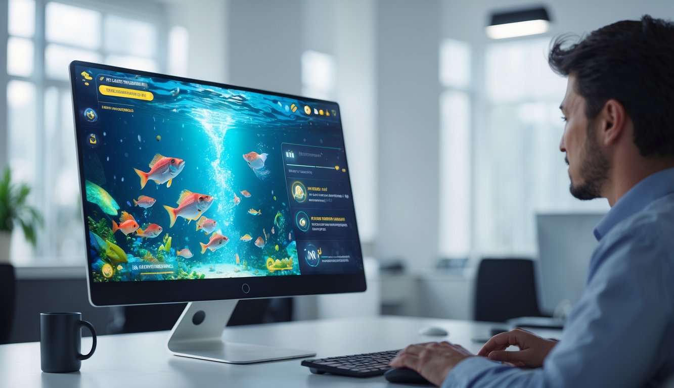 Seorang pengguna sedang melihat layar komputer yang menampilkan permainan memancing ikan dengan grafik warna-warni di lingkungan kantor modern.