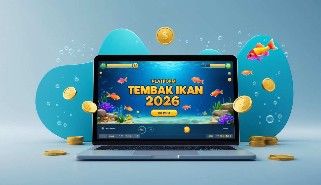 Sebuah perangkat digital menampilkan permainan tembak ikan dengan latar bawah laut dan ikon bonus di sekitarnya.