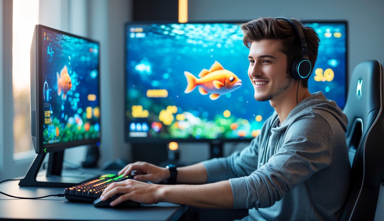 Seorang pria muda duduk di depan komputer dengan layar permainan ikan tembak, tampak fokus dan bersemangat.