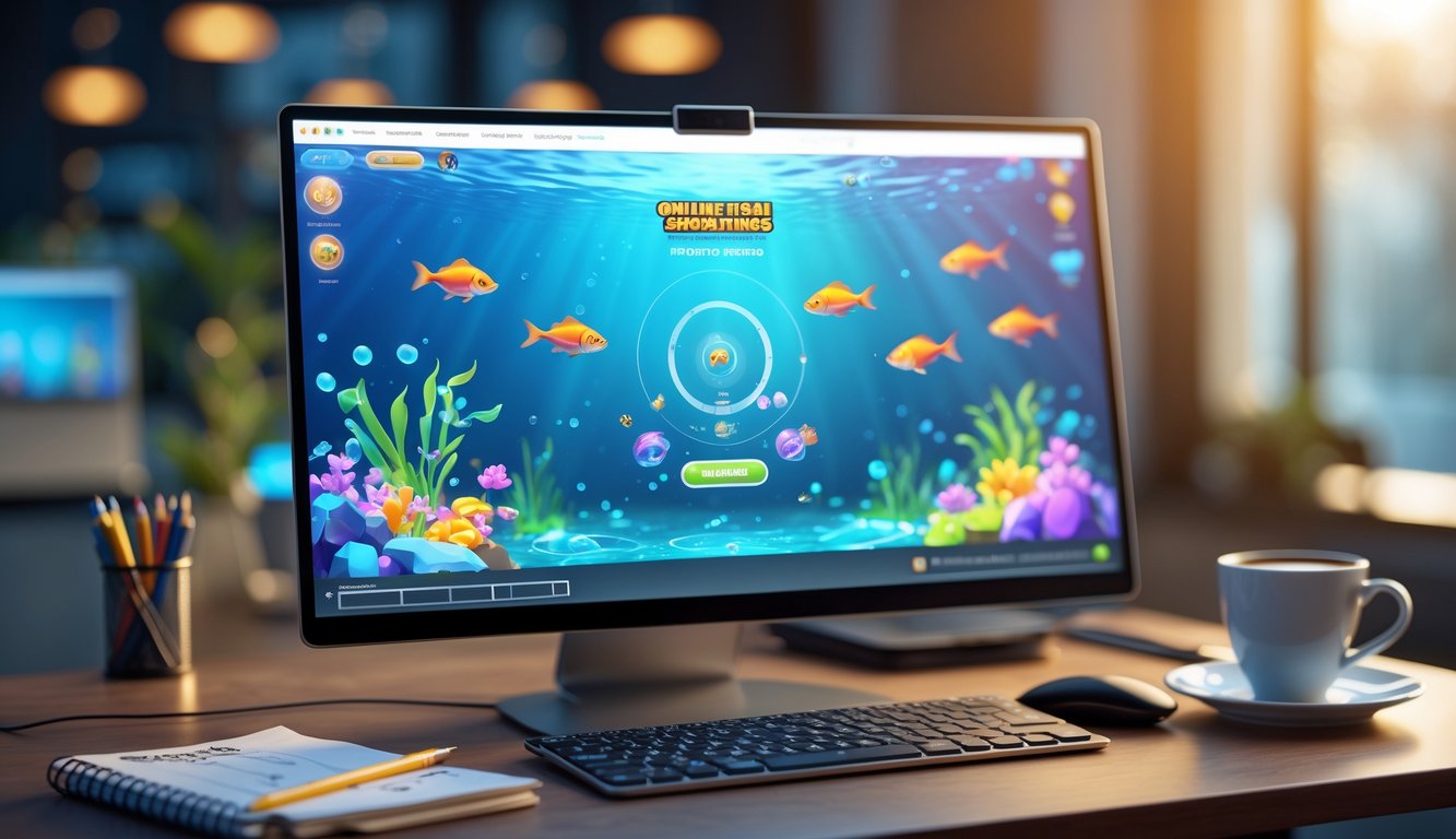 Seorang pemain sedang menggunakan komputer dengan permainan tembak ikan di layar, dikelilingi oleh alat tulis dan kopi di meja kerja.